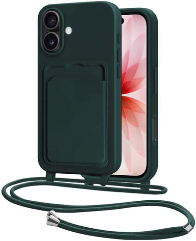 Hoes Geschikt voor iPhone 17 Hoesje Pasjeshouder Cover Met Koord Case Siliconen Hoes Met Telefoonkoord en Kaarthouder - Donkergroen