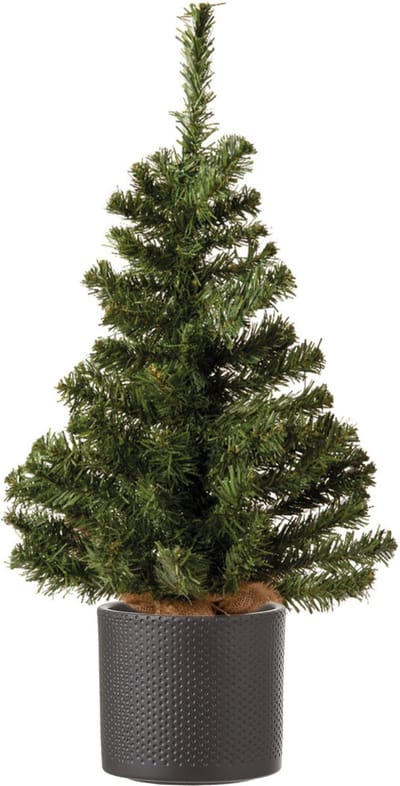 Volle mini kerstboom groen in jute zak 60 cm - Inclusief donkergrijze plantenpot 12,5 x 13,5 cm - Kunstboompjes
