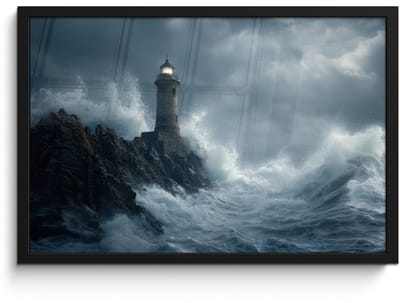 Poster in lijst - Fotolijst 60x40 cm - Posters - Rotsen - Vuurtoren - Golven - Klliffen - Posterlijst zwart - Decoratie - Wanddecoratie woonkamer - Muurdecoratie slaapkamer