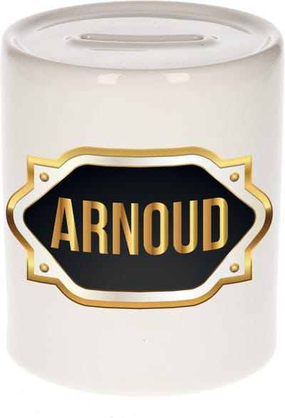 Spaarpot met voornaam Arnoud - wit - met goud/zwart embleem - 8 x 9 cm - keramiek - met afsluitdop - cadeau verjaardag
