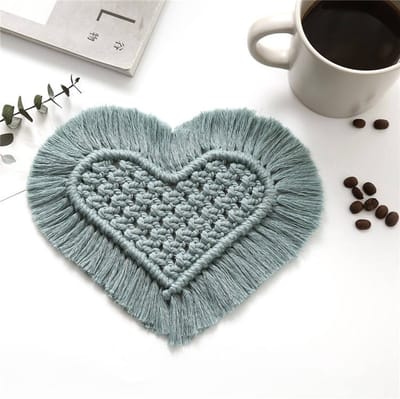 Macrame Onderzetter voor Glazen - Kaarsenhouder - Hart Vorm - 15 bij 15 cm - Blauw