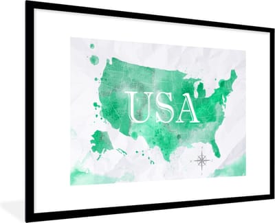 Poster in lijst - Fotolijst 90x60 cm - Posters - Wereldkaart - Verenigde Staten - Groen - Posterlijst zwart - Decoratie - Wanddecoratie woonkamer - Muurdecoratie slaapkamer