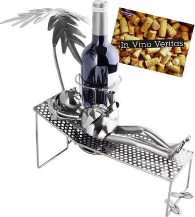 BRUBAKER Wijnfleshouder Vrouw op Vakantie - Metalen Sculptuur Flessenrek met Palmboom en Ligstoel - Wijn geschenk met Wenskaart - Wijnrek