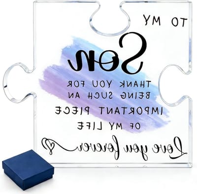 Puzzelvormige Blauwe Acrylaat Plaque als Cadeau voor Zoon - 10x8.2cm Inspirerende Herinneringen van Ouders, Verjaardag, Kerst en Afstuderen Cadeau met Doos
