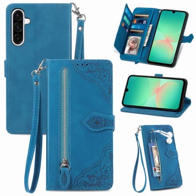 Telestore - telefoonhoesje geschikt voor Samsung Galaxy A26 / A17 / A16 - Portemonnee met rits - book-case hoesje - ruimte voor 7 pasjes - mandala bloemen blauw