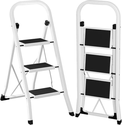 Famanu - Trapladder met 3 treden, vouwtrap met brede antislip pedalen en klapbeveiliging, wit