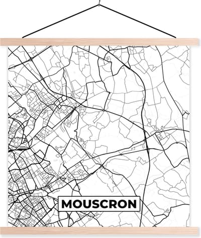 Posterhanger incl. Poster 40x40 cm - Schoolplaat - Stadskaart – Plattegrond – België – Zwart Wit – Mouscron – Kaart - Textielposter - Blanke latten - Stadskaart