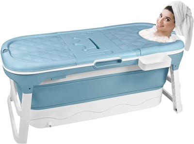 Opvouwbaar bad voor volwassenen, mobiel vrijstaand bad voor de badkamer 128x60x53cm, draagbaar opvouwbaar bad XL met badplank en massagerollen voor kleine badkamers en buiten