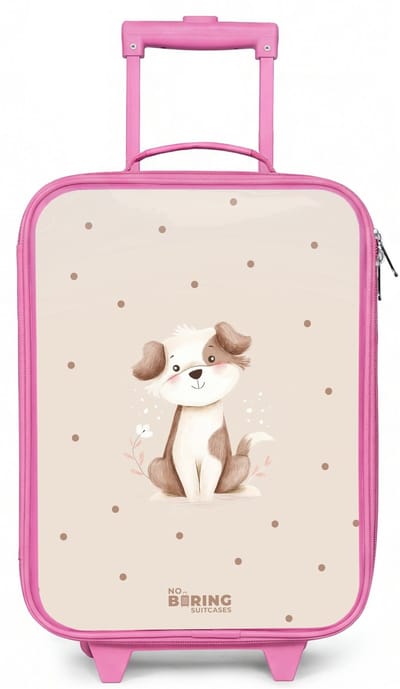 NoBoringSuitcases.com® - Kinderkoffer roze - Kindertrolley meisje - Honden pup omringd door bruine stippen - Koffer kind lichtgewicht - Reiskoffer trolley voor kinderen - Koffertje met lichtgevende wieltjes - Rolkoffer