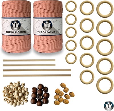 XXL Macramé Pakket | 400 METER | Incl. Handleiding | Zalmroze | Starter Set | Ringen | Kralen | Stokken | Macramé Touw | 3mm | 100% Katoen | Macramé | Decoratie | DIY | Doe Het Zelf | Wandkleed | Dromenvanger | Plantenhanger | Tassen | TheOldOmen