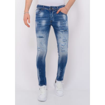 Jeans Heren - Spijkerbroek Heren Volwassenen - Stretch Jeans Heren - Ripped Stonewashed Jeans Heren - Slim Fit -1073- Blauw