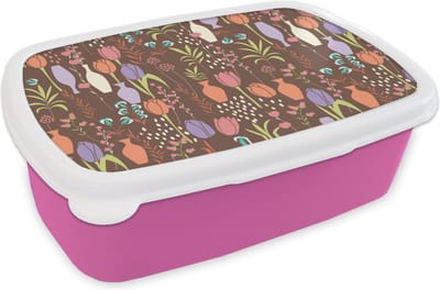 Broodtrommel Roze - Lunchbox - Brooddoos - Bloemen - Vaas - Patronen - 18x12x6 cm - Kinderen - Meisje