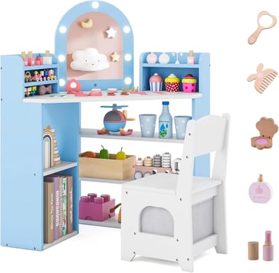 KOMFOTTEU Kindermeisjeskaptafel met stoel, prinsessenkaptafel met verlichte spiegel, open planken en lades, 2-in-1 make-uptafel voor kinderen vanaf 3 jaar
