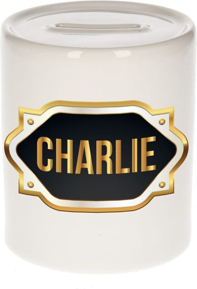 Spaarpot met voornaam Charlie - wit - met goud/zwart embleem - 8 x 9 cm - keramiek - met afsluitdop - cadeau verjaardag