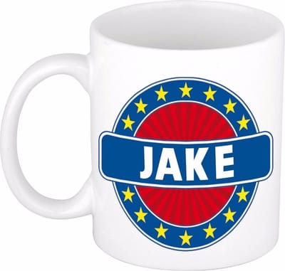 Bellatio Decorations - Jake voornaam - koffiemok - beker - wit/blauw - 300 ml - Cadeau - Heren - Collega - Vaderdag - Verjaardag