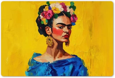 Placemats 45x30 cm - Placemat kunststof - 1 stuk - Frida Kahlo - Vrouw - Geel - Blauw - Bloemen - Borden onderleggers - Decoratie voor op tafel - Keuken tafeldecoratie accessoires - Vinyl onderlegger - Tafelversiering