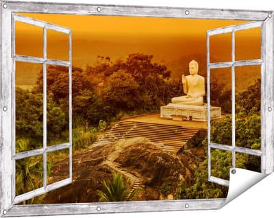 Gards Tuinposter Doorkijk Boeddha Beeld bij een Tempel in het Bos - 120x80 cm - Tuindoek - Tuindecoratie - Wanddecoratie buiten - Tuinschilderij
