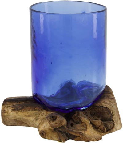 Root teak wood with glass 16x14x16cm uniek stuk blauw glas op hout