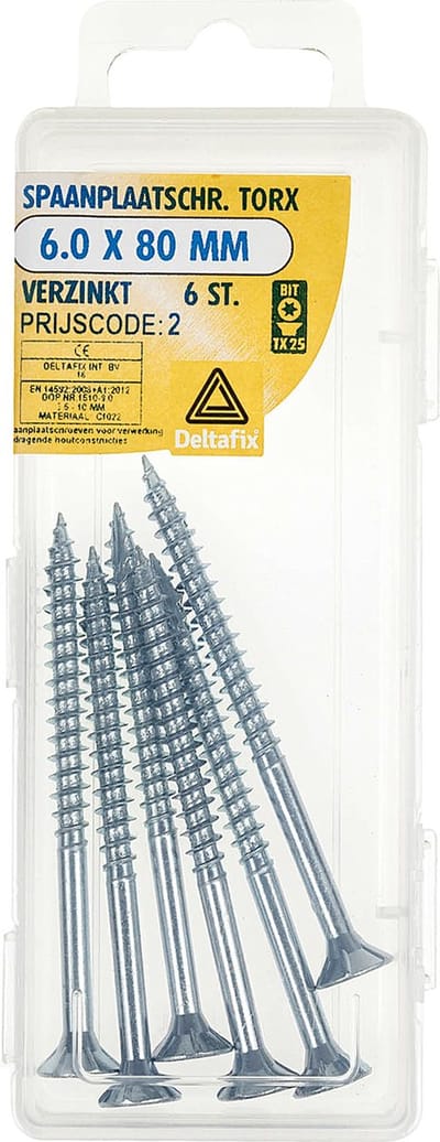 Deltafix spaanplaatschroeven 6,0 x 80 mm - verzinkt - platkop - Torx - Type 17 - 6 stuks