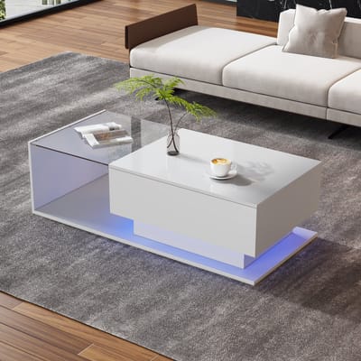 STILVORA Salontafel - Rechthoek 100x50x32 cm - Bijzettafel Met Lade En LED Glasplaat - Stijlvolle Woonkamer Tafel Met Opbergruimte - Hout - Wit