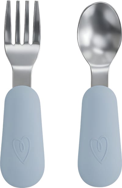 Broemba RVS Kinderbestek - Baby Lepel & Baby Vork met siliconen grip - 100% BPA-vrij Babybestek - Kinder Lepeltje en Vorkje - Blauw Peuterbestek