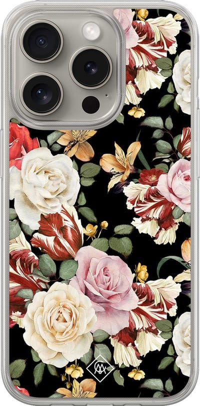 Casimoda® hoesje - Geschikt voor iPhone 15 Pro Max - Bloemen flowerpower - 2-in-1 case - Schokbestendig - Bloemen - Verhoogde randen - Multi, Transparant