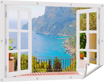 Gards Tuinposter Doorkijk Vergezicht vanaf het Terras op Bergen - 120x80 cm - Tuindoek - Tuindecoratie - Wanddecoratie buiten - Tuinschilderij