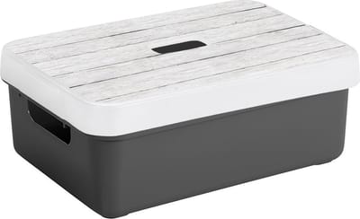 Sunware opslagbox - 9 liter - antraciet - kunststof - 35 x 25 x 12 cm - met afsluitbare deksel in houtnerf print