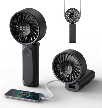 YAGXIG Handventilator - Draagbare ventilator - 3000mAh - Oplaadbaar - Persoonlijke ventilator - 180° opvouwbare mini-desktopventilator - 6 windsnelheden - Digitaal LCD-scherm - Lanyard-ontwerp - Ultrastil - Geschikt voor binnen en buiten - Zwart