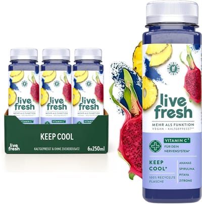 LiveFresh ananassap met vitamine C – koudgeperst vruchtensap zonder toegevoegde suiker – gemaakt van ananas, appel, citroen, pitaya & spirulina – Keep Cool – 6x250ml