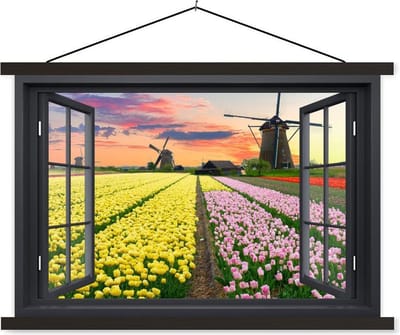 Posterhanger incl. Poster 150x100 cm - Schoolplaat - Doorkijk - Tulpen - Zonsondergang - Textielposter - Zwarte latten