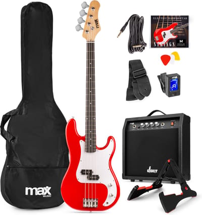 Max Gigkit Basgitaar met 40 Watt versterker - Gitaarstandaard - Gitaartas - 4/4 - Rood