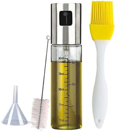 PromoHome Oliesproeier voor Keuken - 100ml Roestvrij Stalen Olie Spray Fles met Glazen Container - Multifunctionele Olijfolie Spuit voor Bakken, Braden en Gezond Koken - Inclusief Reinigingsset en Trechter