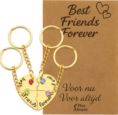 BFF Sleutelhanger voor 4 'Best Friends Forever' - Hartje Puzzelstukjes & Kristal - Sleutelhangers op Cadeau Kaartje - Goudkleurig - Vriendschap Symbool - Pax Amare