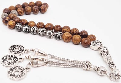 Handgemaakte naam tasbih 33 Kralen Natuursteen “ Jaspis van olifantenhuid” - met metaal tassel “Omarmen"- Met je naam of de naam van uw geliefde- 8 mm diameter van de korrel