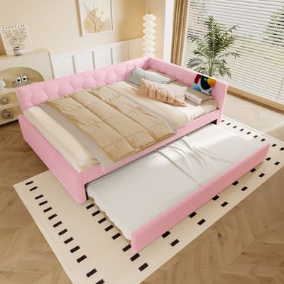 MEUNIQ slaapbank 140x200 cm met lattenbodem, uitschuifbaar bed, USB en Type-C, nachtlamp en zachte bekleding voor kinderkamer, roze