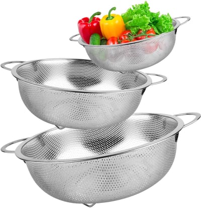 carmdering - Vergiet Roestvrij Staal - Keukenzeef - Pasta Zeef Set - Micro Perforatie Voor Drainage - Dubbele Gelaste Handvatten - 18/10 RVS Materiaal - Spiegelglans Afwerking - Vaatwasserbestendig En Stapelbaar - 3 Delige Set