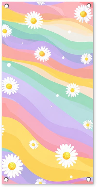 Tuinposter 40x80 cm - Tuindecoratie Madeliefjes - Kleurrijk - Pastel - Vrolijk - Poster voor in de tuin - Buiten decoratie - Schutting tuinschilderij - Tuindoek muurdecoratie - Wanddecoratie balkondoek