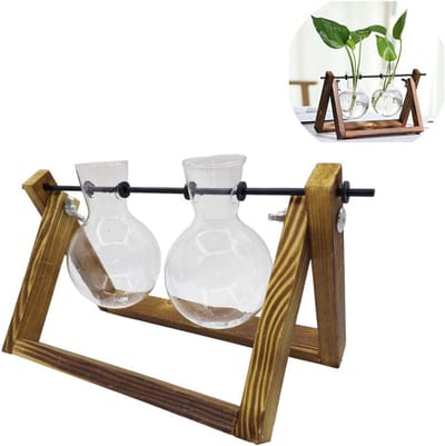 Terrarium met Houten Standaard en Draaibare Houder voor Hydrocultuur Planten - Dubbele Glazen Vazen