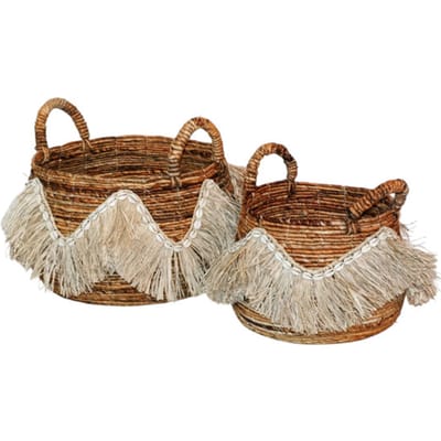 Furnilux Decoratieve Opbergmanden - Handgevlochten Bananenstam Mand - Set van 2 - Met Schelpen en Raffia