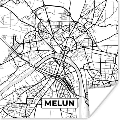 Poster Kaart – Melun - Stadskaart – Frankrijk – Plattegrond - Zwart wit - 100x100 cm XXL