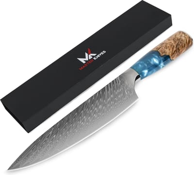 Master Knives Professioneel Japans Koksmes 20 CM - Keukenmessen van hoogwaardig Damascus Patroon - Epoxy Houten Handvat koksmessen