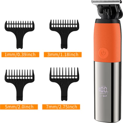 Tondeuse-All-in-One Precisietrimmer, Apparaat voor Gezicht en Hoofd-4 Lengtestanden (1-7 mm)-Waterdicht-Zelfslijpende Mesjes-Draadloos-Batterij Indicatie USB oplaadbare 90 min batterijduur (Oranje)
