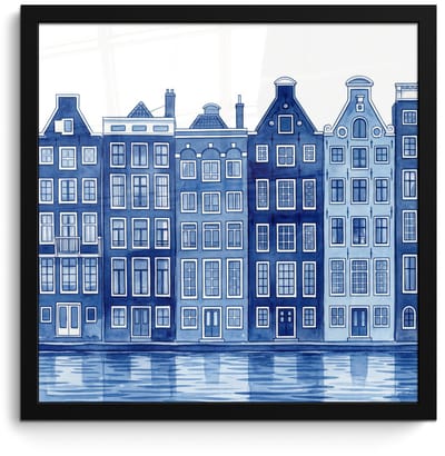 Poster in lijst - Fotolijst 40x40 cm - Posters - Aquarel - Grachtenpanden - Delfts - Blauw - Posterlijst zwart - Decoratie - Wanddecoratie woonkamer - Muurdecoratie slaapkamer