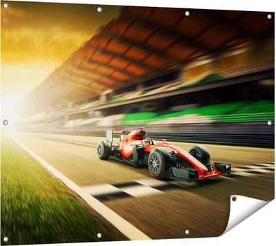 Gards Tuinposter Formule 1 Auto bij de Finish in het Rood - 120x90 cm - Tuindoek - Tuindecoratie - Wanddecoratie buiten - Tuinschilderij