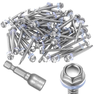 Set van 50 RVS Zelftappende Schroeven voor Trapeziumplaten, M4.8 x 50 mm, Inclusief Sealing Disc en 8 mm Moersleutel, Ideaal voor Bouw en Renovatie