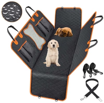 Signature Home Luxe Hondendeken Auto Achterbank - Hondenmand Auto Achterbank - Automand Hond - Zwart Incl. Zakjeshouder, Opbergzak en Gordelriem - Beschermhoes Kofferbak - Autodeken hond - Oranje-zwart-