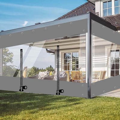 Waterdicht Zeil - Regengordijn Dekzeil - Buitenruimte Afschermen - Met Rits Deur - 22 x 22 m - Grijs Transparant