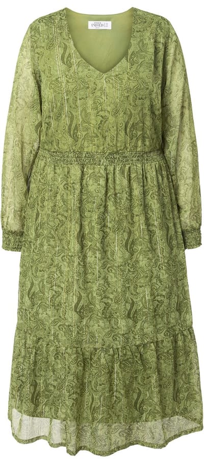Studio Untold - Dames - Midi-jurk A-lijn print met glitterdraden - Palmboomgroen - Maat 42+