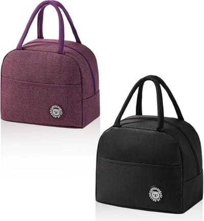 SnelShoppen - Pack van 2 Lunch Tas, Zwart en Paars Mini Koeltas met Zijvakken, Kleine Koeltassen met Twee Handgrepen, Geschikt voor Bedrijf, School, T